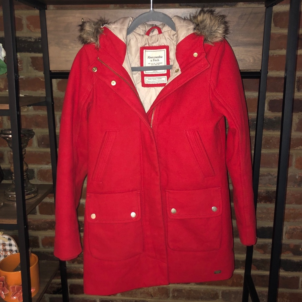 Abercrombie Red Wool Fur Hooded Parka - Sz XS - Picture 12 of 14